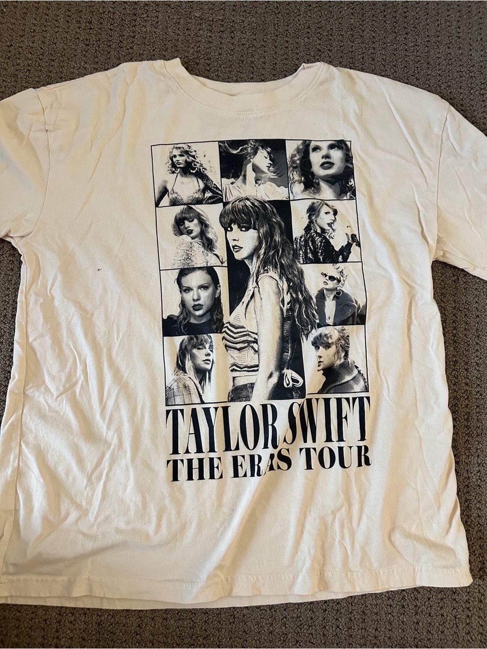 Taylor Swift White Women's Graphic Eras Tour Tee with Black Photo Collage